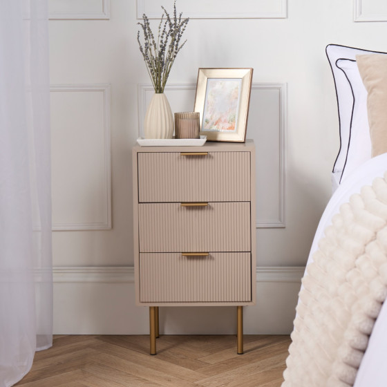 OHS Ribbed 3 Drawer Wood Bedside Table - Taupe