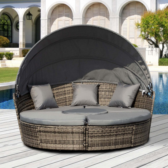 Outsunny Rattan Garden Furniture Cushioned Round Sofa Bed - Grey