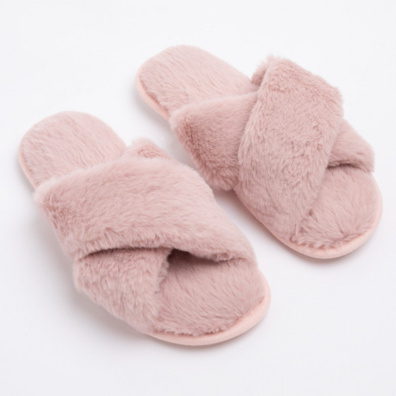 OHS Faux Fur Cross Strap Slippers, Blush - Small 3/4