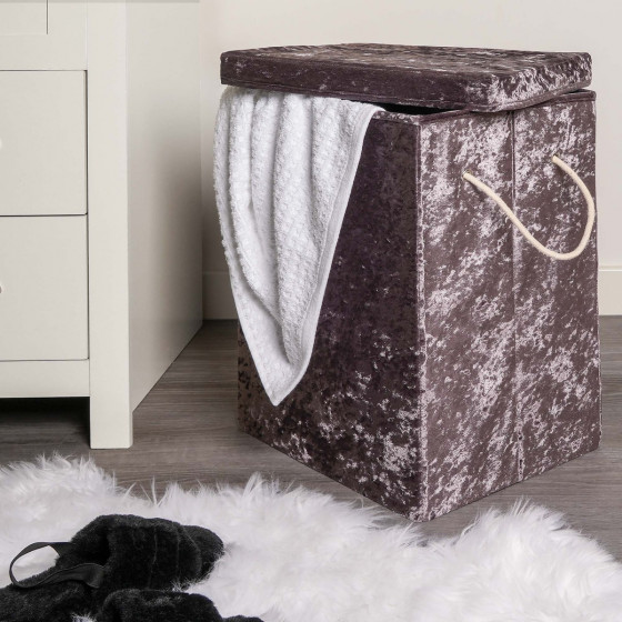 OHS Crushed Velvet Foldable Laundry Basket - Charcoal