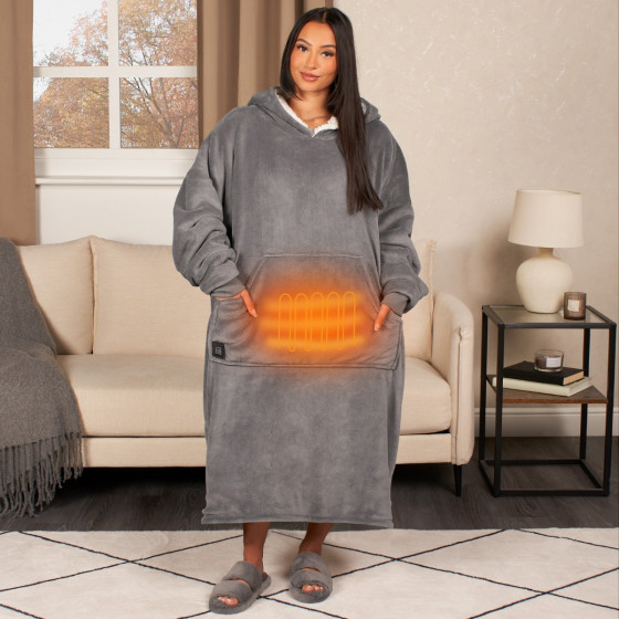 OHS Adults Extra-Long Electric Heated Hoodie Blanket - Charcoal