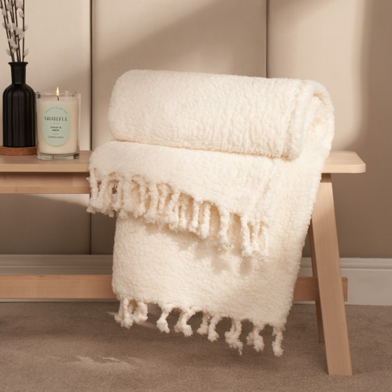 OHS Tassel Sherpa Fleece Throw - Cream