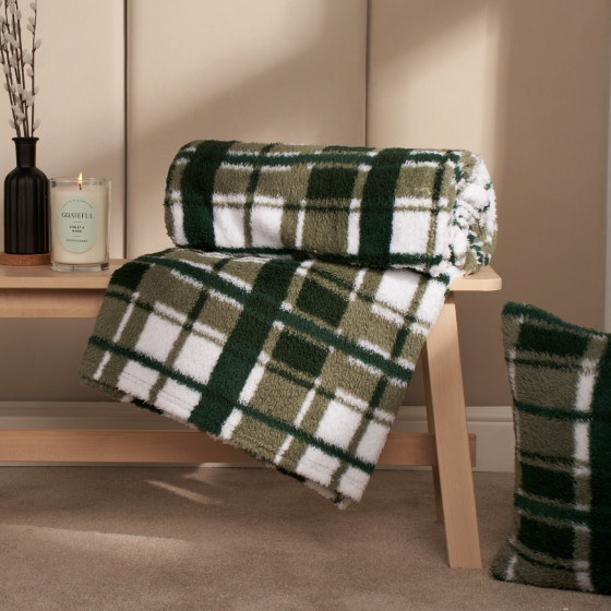 OHS Check Print Teddy Throw - Forest Green