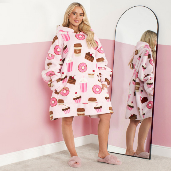 OHS Coffee & Cake Print Hoodie Blanket, Adults - Blush