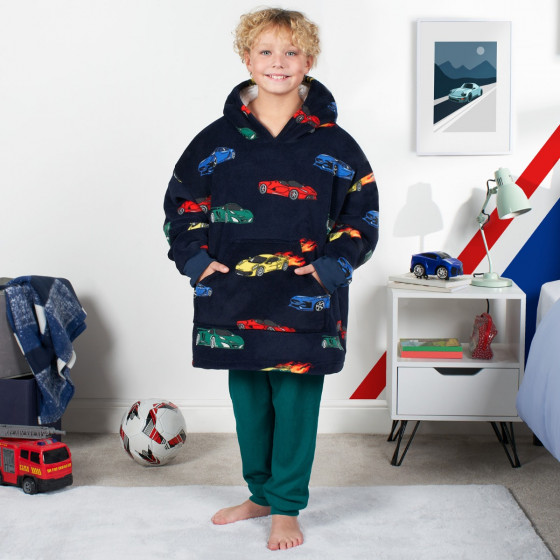 OHS Kids Car Race Print Hoodie Blanket - Navy