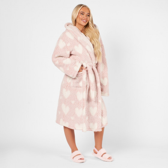 OHS Teddy Marl Heart Print Dressing Gown - Blush