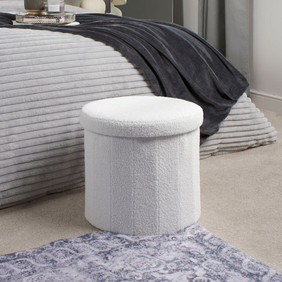 OHS Boucle Round Storage Ottoman - White