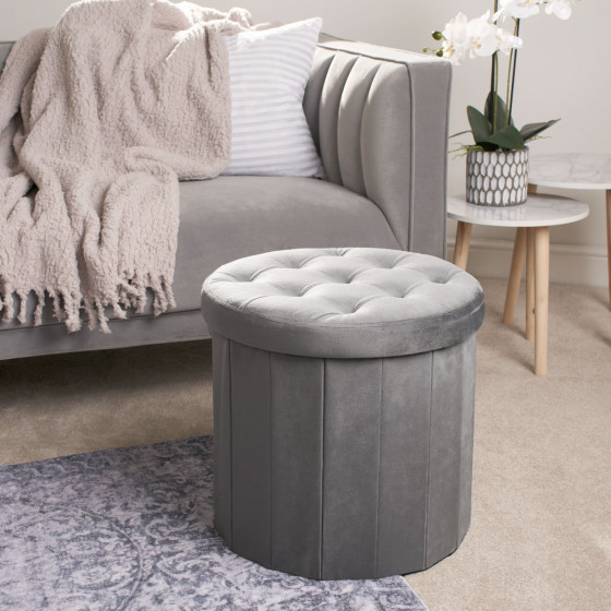 OHS Matte Velvet Round Storage Ottoman - Charcoal