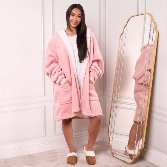 Sienna Sherpa Zip Up Hoodie Blanket, Adults - Blush Pink