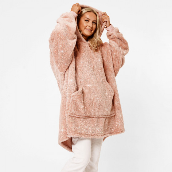 Sienna Teddy Fleece Glitter Hoodie Blanket - Blush Pink