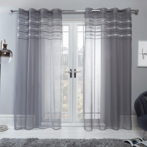 Sienna Latina Diamante Voile Net Curtains Eyelet, Charcoal Grey - 55" x 87" 