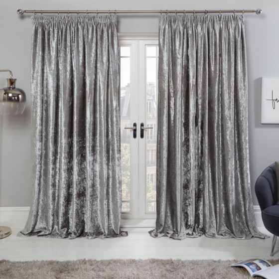 Sienna Crushed Velvet Pencil Pleat Curtains, Silver - 90 x 90