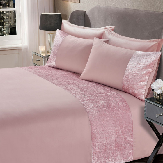 Sienna Crushed Velvet Band Duvet Set - Blush Pink