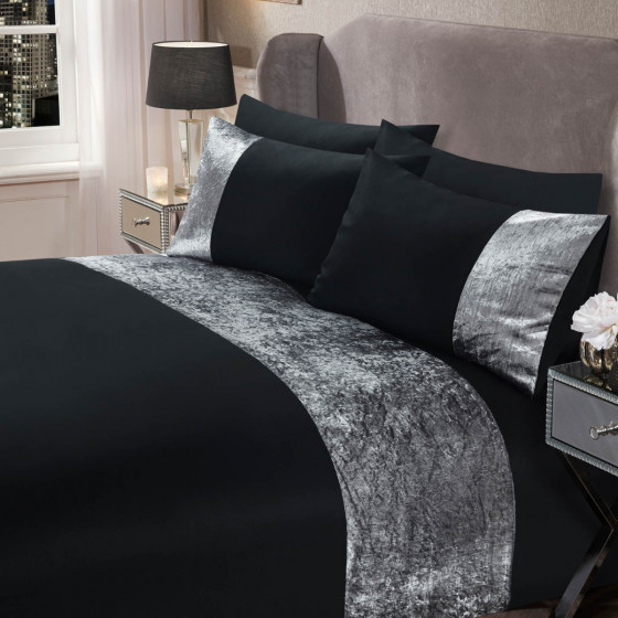 Sienna Crushed Velvet Band Duvet Set, Black - King