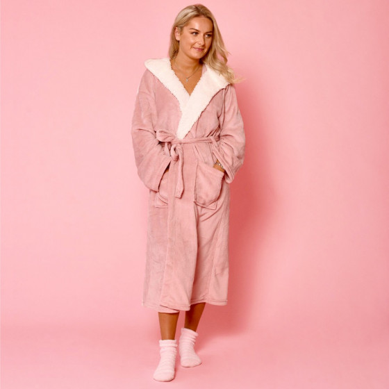 Sienna Hooded Sherpa Fleece Dressing Gown - Blush Pink