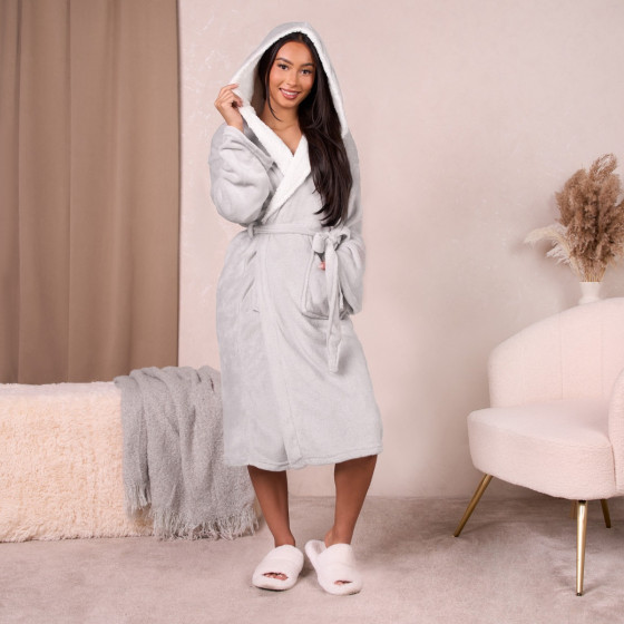 Sienna Hooded Sherpa Fleece Dressing Gown - Silver