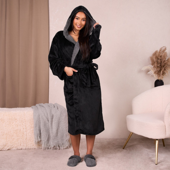 Sienna Hooded Sherpa Fleece Dressing Gown - Black