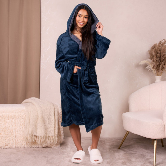 Sienna Hooded Sherpa Fleece Dressing Gown - Navy