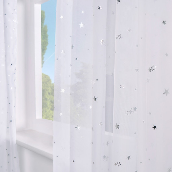 OHS Metallic Star Print Slot Top Voile Curtains (Pair) - White