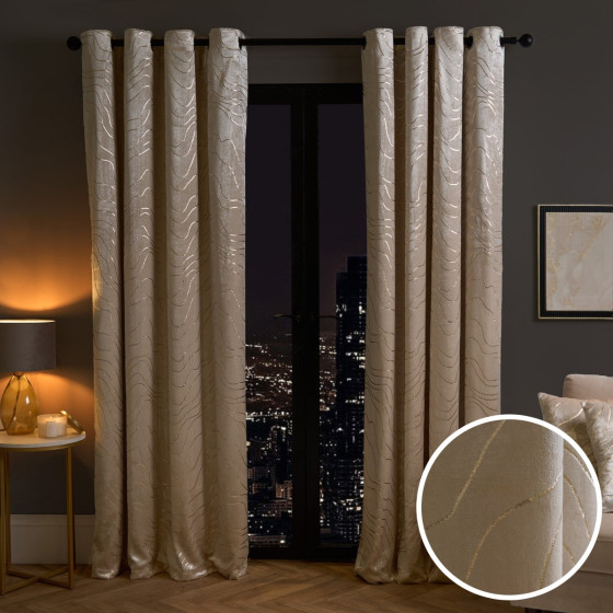OHS Metallic Wave Print Velvet Curtains, Natural - 66 x 72"