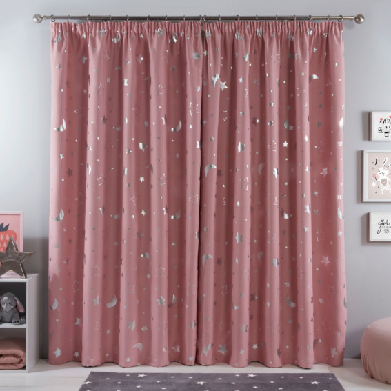 Dreamscene Galaxy Star Blackout Pencil Pleat Curtains - Blush Pink