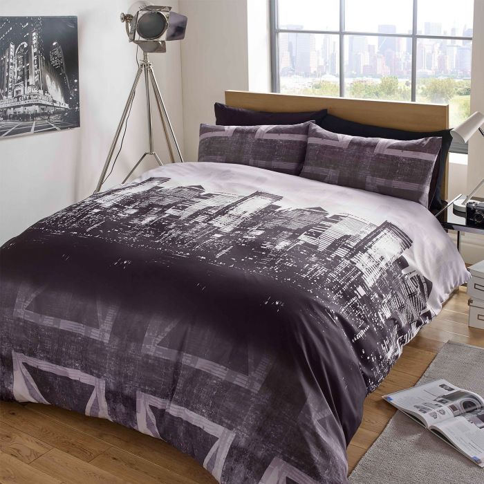 Dreamscene Skyline Union Jack Duvet Cover Set Charcoal