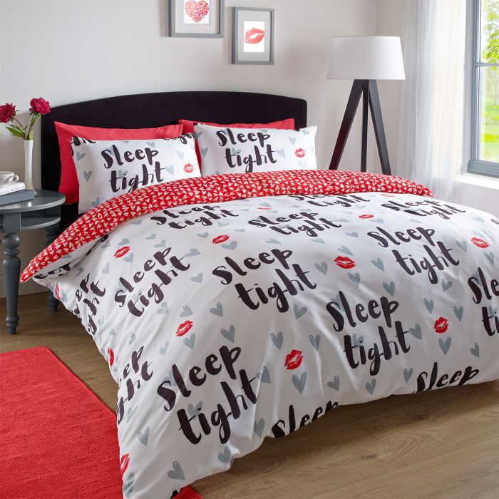 Dreamscene Sleep Tight Duvet Cover Set Red White