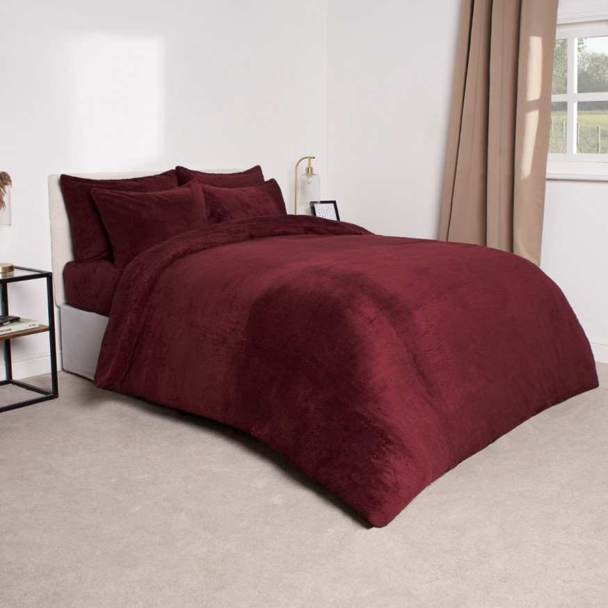 Brentfords Teddy Fleece Duvet Cover Set Burgundy Double