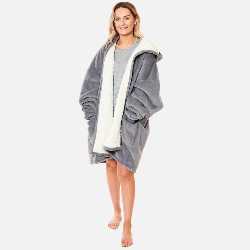 Sienna Sherpa Zip Up Hoodie Blanket, Charcoal - One Size