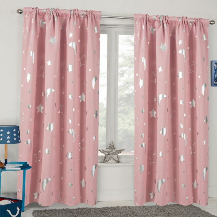 Dreamscene Galaxy Star Blackout Pencil Pleat Curtains - Blush Pink