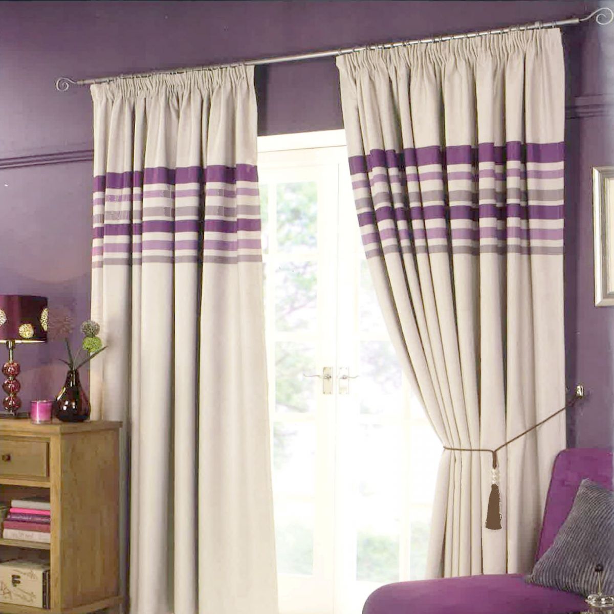 Pencil Pleat Striped Curtains - Aubergine