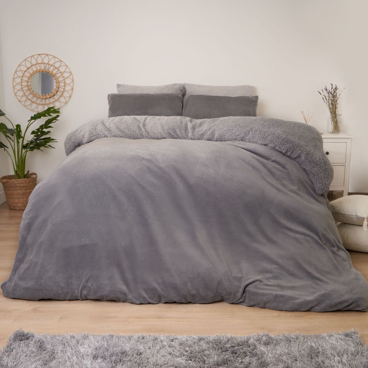 Brentfords Reversible Teddy Fleece Duvet Cover with Pillowcase Bedding Set  Grey