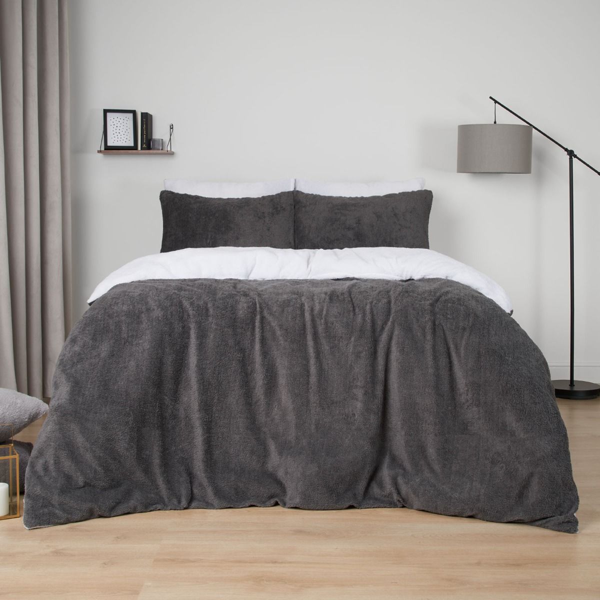 Brentfords Teddy Fleece Reversible Duvet Cover Set Charcoal White Single