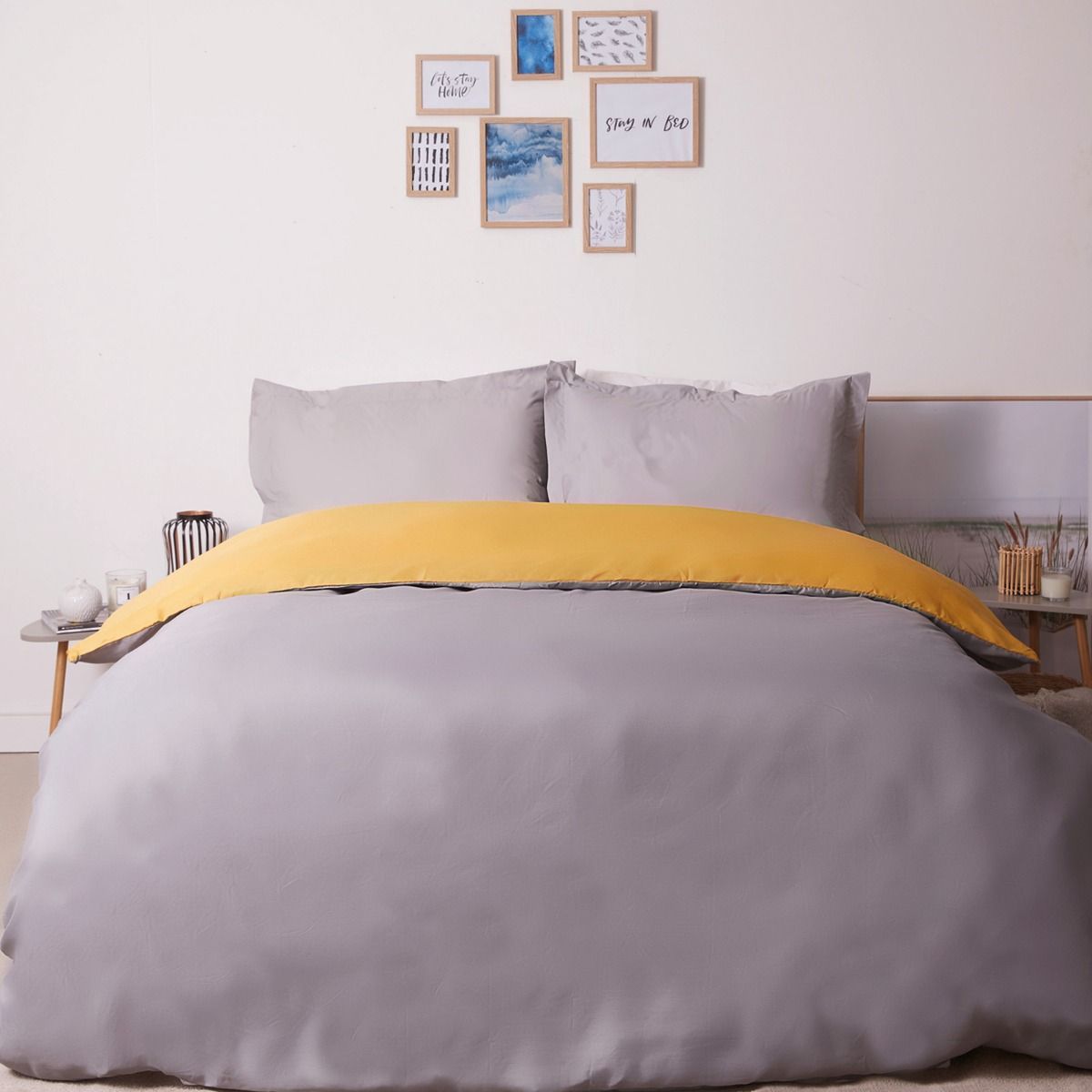 Brentfords Plain Dye Duvet Cover Set With Oxford Pillowcase Ochre Grey