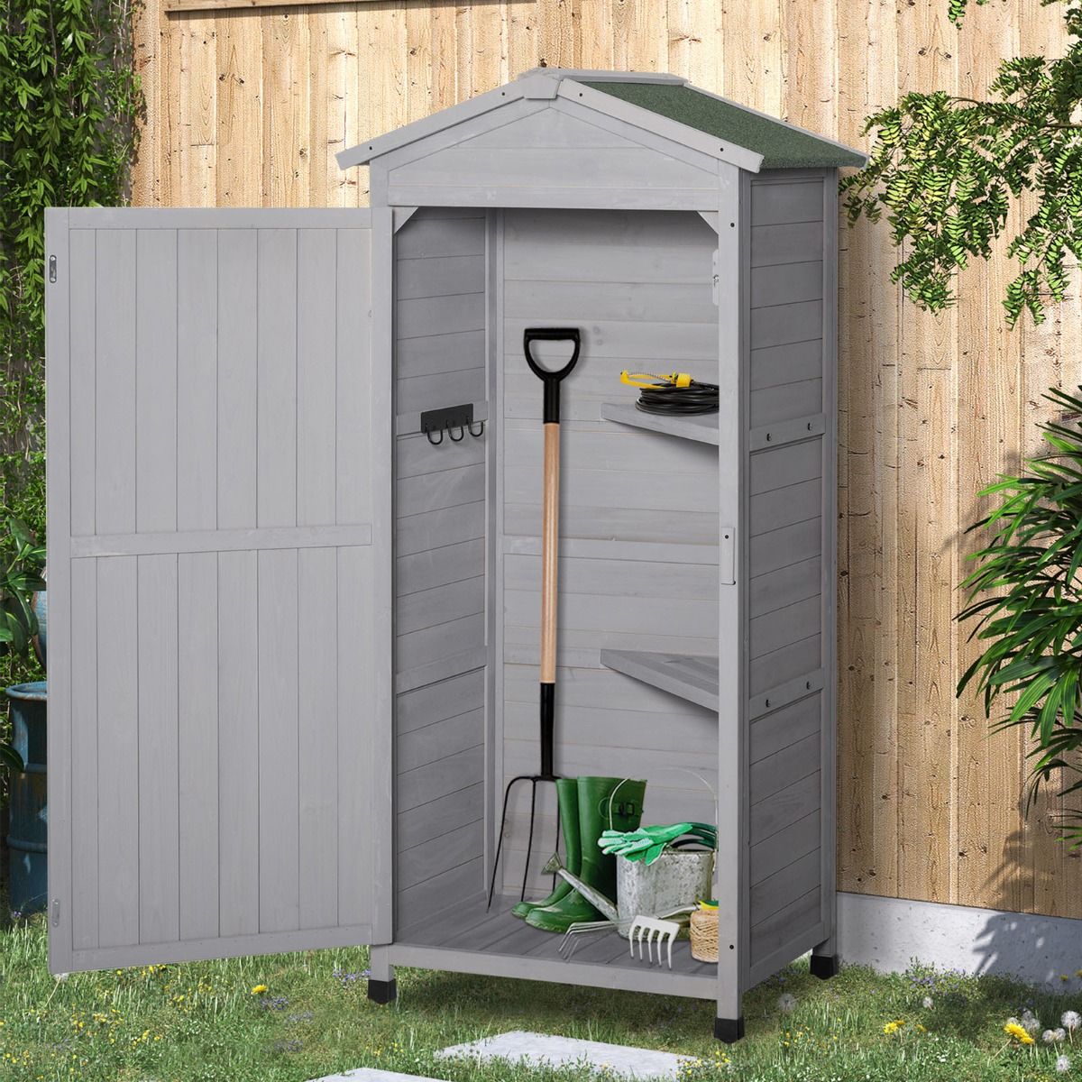 Outsunny Wooden Garden Storage Shed Cabinet, Grey - Tall