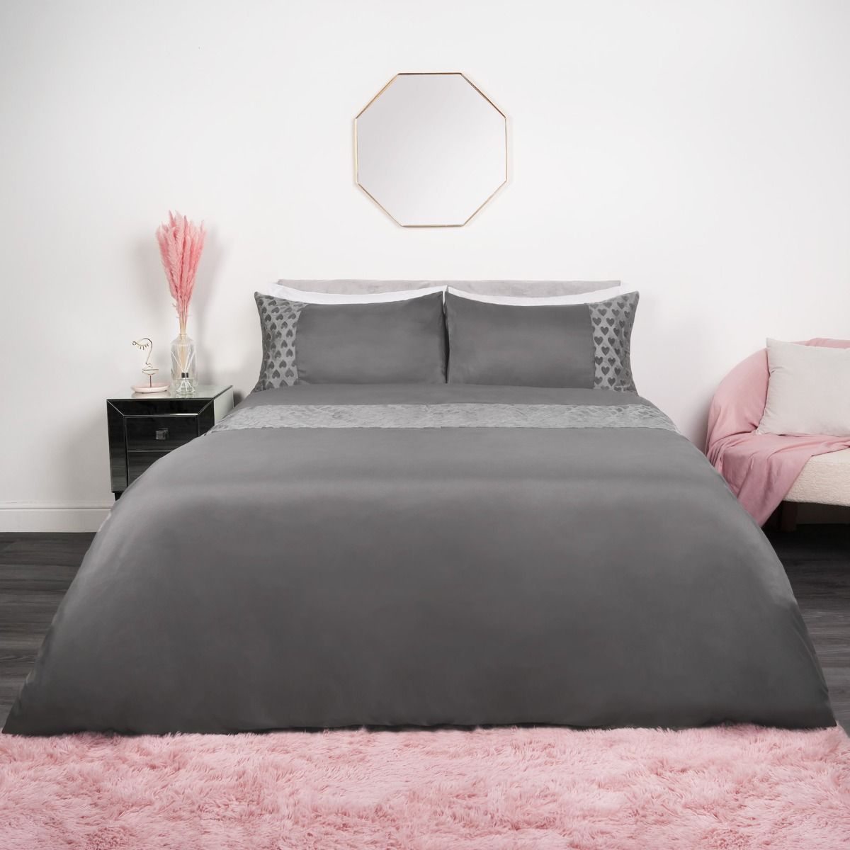 Sienna Embossed Velvet Heart Panel Duvet Cover Set - Silver